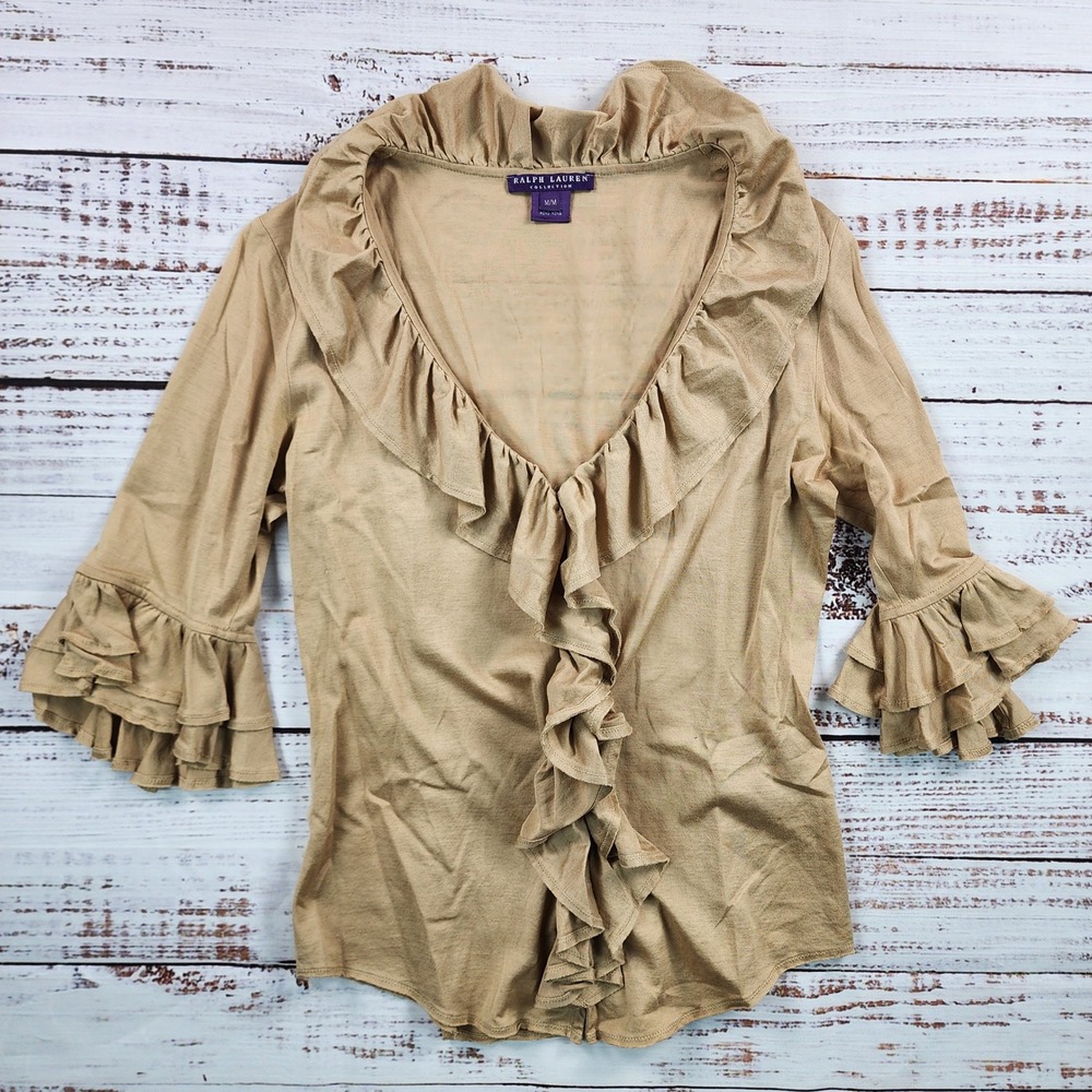 Ralph Lauren Collection Purple Label Tan Ruffle Bell Sleeve Blouse Top Medium